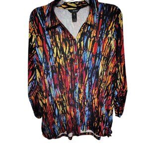 Ali Miles 2X Button Front Shirt, Abstract Monarch Butterfly Print Lagenlook